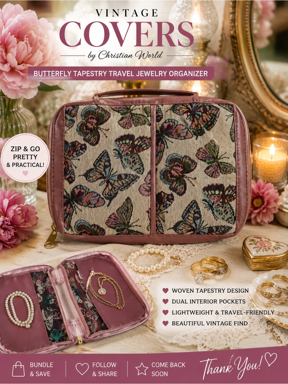 Vintage COVERS by Christian World Butterfly Tapestry Travel Jewelry Organizer